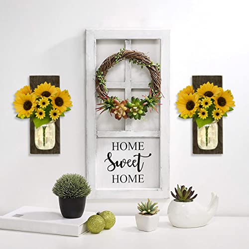 Tenxvi Designs Sunflower Jar Wall Sconces With Brown Backer, Set Of 2, With Remote Controlled Led Fairy Lights - Perfect Country Or Farmhouse Theme Home Decor #TOP4