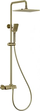 Thermostatic Shower System, Modern Piano Keys Shower Faucet Set with Handheld Spray, Square Rain Shower Head Set, d Shower Combo Set with Brass Valve, Height Adjustable-Brushed Gold