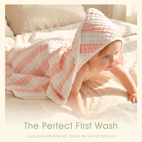 HardNok Organic Muslin Hooded Baby Bath Towel 4pc for Newborn - Pink Stripe by HardNok - Image 2