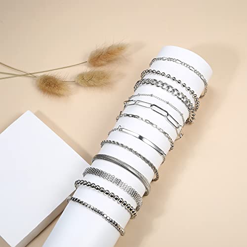 Fansilver 12Pcs Gold Chain Bracelets Set For Women 14K Gold Plated Link Chain Bracelets Boho Stackable Bracelets Paperclip Cuban Cuff Bangle Beaded Layered Link Chain Bracelets Set Silver Tone #TOP5