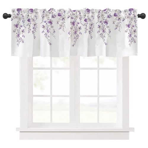 Ausing Flower Vine Short Curtains Kitchen Bedroom Floral Watercolor Printed Bistro Curtains for Living Room Decoration, Purple