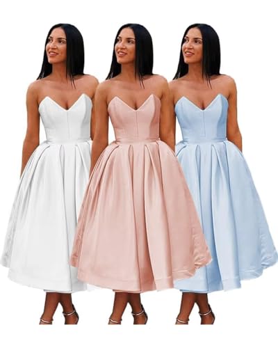 Image of Women's A Line Strapless Backless Prom Dress, Sleeveless Sweetheart Neck Satin Homecoming Dresses