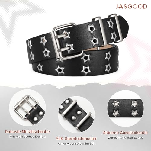 JasGood Damen Punk Gürtel,Y2K Doppelloch Gürtel mit Sternloch Goth Ledergürtel für Jeans Cosplay Hip Hop Rock