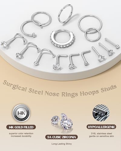 Miniatura 2 de Yadoca 15 Piezas Piercing Nariz Acero Quirurgico Piercing Nariz Plata