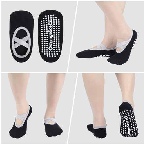 Queenshin Women's Yoga Socks with Non-Slip Grips & Straps Best for Pilates Ballet Dance Hospital Anti-Skid Socks 3 Pairs4