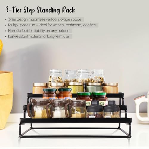 Image of Niyara 3-Tier Spice Rack Organizer - Step Shelf Countertop Rack for Kitchen, Pantry, Bathroom or Office - Non-Slip, Rust-Resistant Standing Storage Shelf