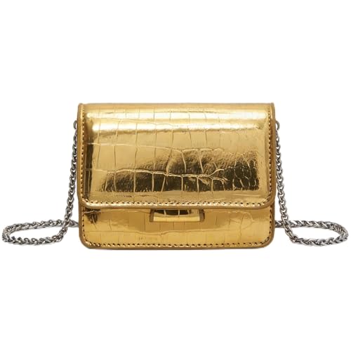 Motesun Mini Crossbody Bag for Women – Patent Leather Crocodile Purse with Silver Chain Strap, Small Clutch for Evening Party, Compact Shoulder Handbag (Gold)