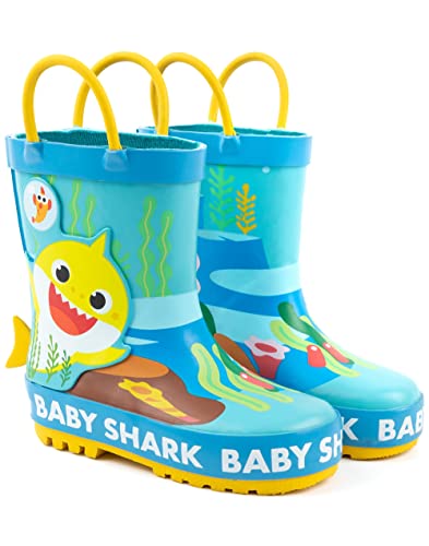 Baby Shark Kids Wellies in Blue | Rain Protection Wellington Boots with Yellow 3D Fin for Boys & Girls | Shark Family Song Fun Rubber Boots | Water Resistant Shoes for Todlders | Gift for Children