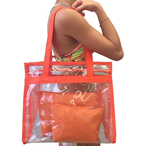 Bolsa feminina praia sacola transparente 2 necessaires brinde laranja