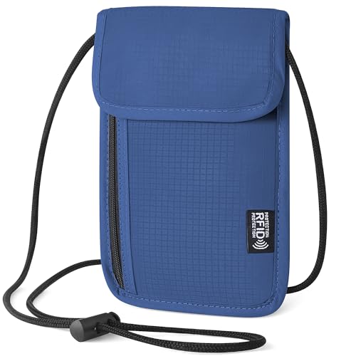 Pochette passeport familial RFID Likesing : portefeuille tour de cou mince bleu