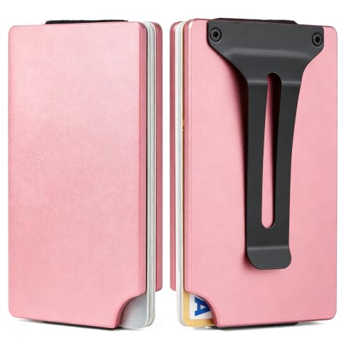 Image of Minimalist Wallet for Men, Slim Metal RFID Blocking Wallet Credit Card Holder Money Clip & Cash Strap, Scratch-Resistant Holds 15 Cards,Ideal Gift for Men | Matte Pink