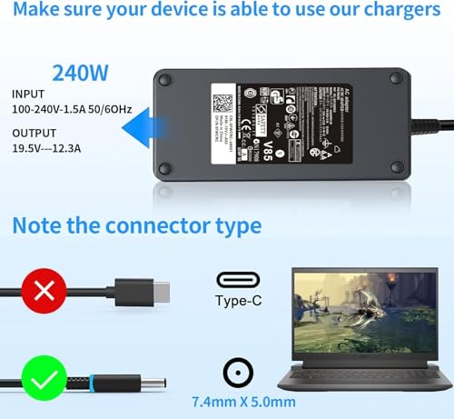 Image of 240W 19.5V12.3A 5.0mm Laptop Compatible with Dell G16 G15 G7 G5 Alie /Ware x17 x16 x15 M18x X51 17 15 Precision 7780 7770 7680 7670 7560 3260 3551 Laptop, Performance TB16 TB15 (De 240W 7.4 * 5.0mm)