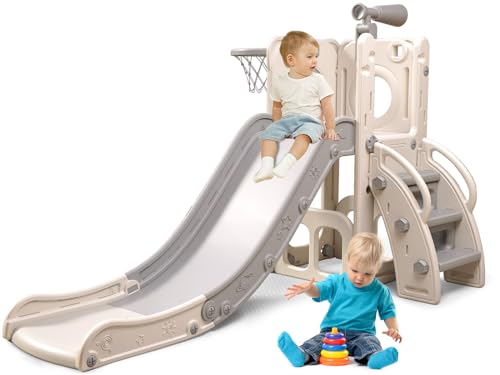 6 in 1 Toddler Playset with Slide,Toddler Slide,Slide for Kids with Basketball Hoop,Ball,Ring Toss,Kids Slide Toddler Playground Toddler Slide Indoor Outdoor Toys