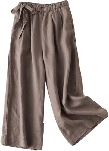 Women's Wide Leg Pants Linen Straight Tube Loose Summer Elastic Waist Wrinkle Shallow Ankle Casual