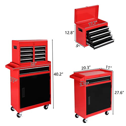 Tuffiom 5-Drawer Rolling Tool Chest, Tool Storage Cabinet W/Drawers, Wheels, Detachable Top & Adjustable Shelf, Mechanic Tool Organizer Box For Garage, Workshop, Warehouse & Repair Shop, Red & Black #TOP2