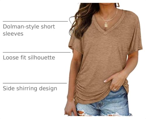 Image of WIHOLL Womens Summer T-Shirts Short Sleeve V Neck Dolman Tops with Side Shirring Loose Fit Shirts Spring Fashion