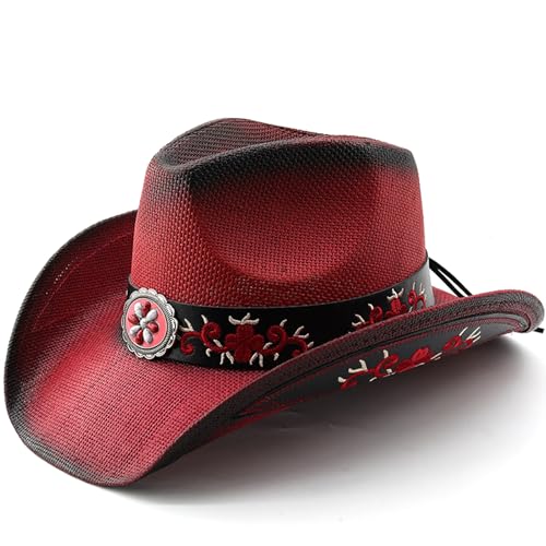 Women Men Cowboy Hats Western Style Belted Sun Protection Holiday Beach Straw Hiking Cap (A-Red ONE Size)