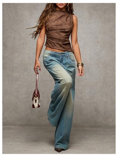 MakeMeChic Women's Mock Neck Sleeveless Tank Top Ruched Asymmetrical Shirt Tops4