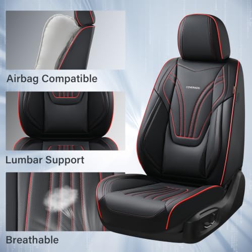 Image of Coverado Car Seat Covers Full Set, 5 Piece Car Seat Protector with Lumbar Support & Removable Headrest, Breathable Leather Front Rear Seat Cushion Universal Fit for Truck Automotive Black & Red