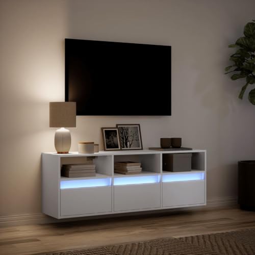 IKAYAA Mueble TV Suspendido con iluminación LED 130x31x45 cm Mesa TV Flotante Mueble TV Colgante Mueble de Salón Suspendido con Compartimiento con 3 Cajones Blanco