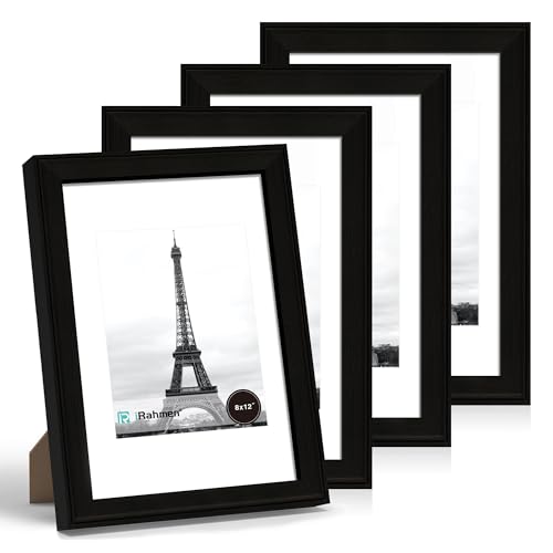 Image of iRahmen 8x12 Vintage Picture Frame with Mat 6x8 - High Definition Real Glass Wooden Photo Frames for Tabletop Display and Wall Mounting (Black, Set of 4)