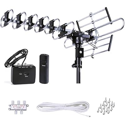 Five Star Outdoor HD TV Antenna Strongest Up to 200 Miles Long Range with Motorized 360 Degree Rotation, UHF/VHF/FM Radio with Infrared Remote Control Advanced Design Plus Installation Kit