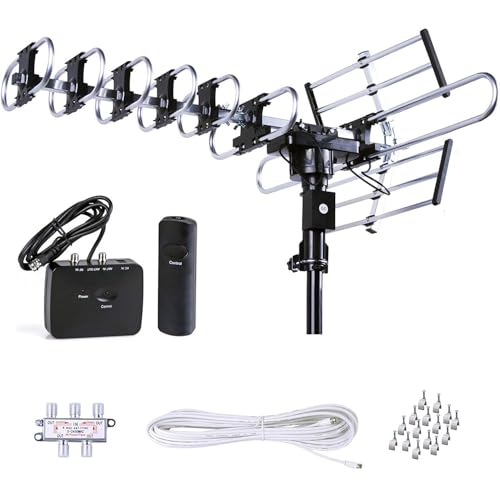 Five Star Outdoor HD TV Antenna Strongest Up to 200 Miles Long Range with Motorized 360 Degree Rotation, UHF/VHF/FM Radio with Infrared Remote Control Advanced Design Plus Installation Kit