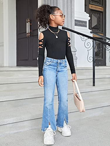 SweatyRocks Girl's Mock Neck Long Sleeve Ribbed Knit Top Criss Cross Cut Out Tee Shirt4