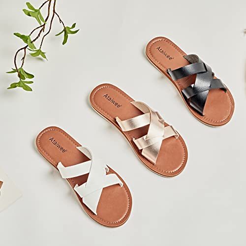Ataiwee Women's Slide Sandals - Criss Cross Strappy Open Toe Vegan Leather Summer Shoes.(1908001-2,Bk/Pu,12) #TOP5