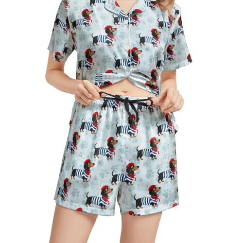 Image of Silk Satin Pajama Set for Women Summer Lounge Pjs Sets 2 Piece Suit Ladies Button Down Tops And Shorts Sleepwear