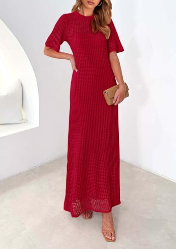 Image of PRETTYGARDEN Womens Eyelet Crochet Maxi 2 Piece Dress Sets | Knit Mesh Layered Two-Piece Dress, Short Sleeve Crew Neck Cover Up With Slip, Summer Resort Vacation Beach Hollow Out Dresses