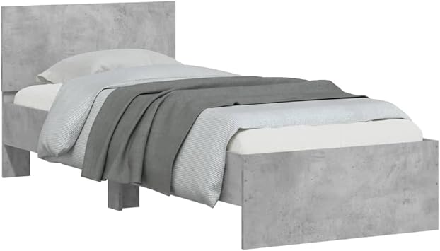 Grey Single Bed Frame No Mattress 90 x 200 cm Engineered Wood with Headboard Sturdy Plywood Slats Modern Bedroom Furniture for Guest Room Teen Loft Studio Flat