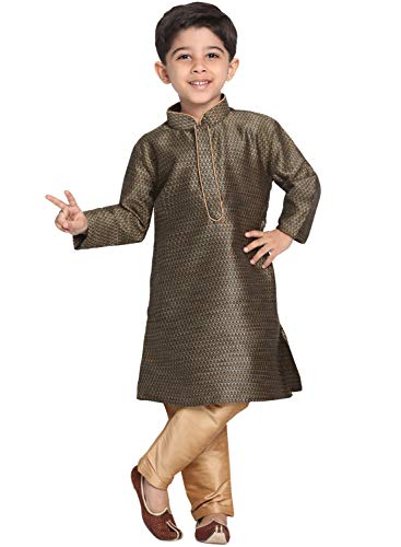 Image of JBN Creation Boys' Full Sleeve Silk Blend Kurta Pyjama Set with Mandarin Collar, Featuring Ethnic Motifs, Self-Design, and Embellishments - Perfect for Festivals and Special Occasions