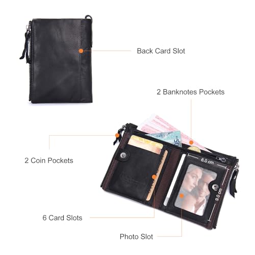 Image of CONTACTS Soft Leather Wallet for Women and Men Small Bifold Coin Purse Double Zipper Card Holder with RFID Blocking (Black)