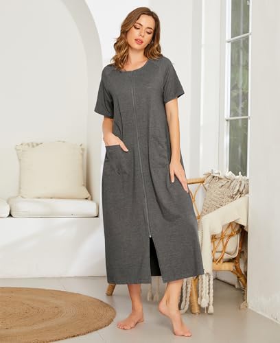 Image of Ekouaer Women Robe Zipper Short Sleeves Full Length House Coat with Pockets