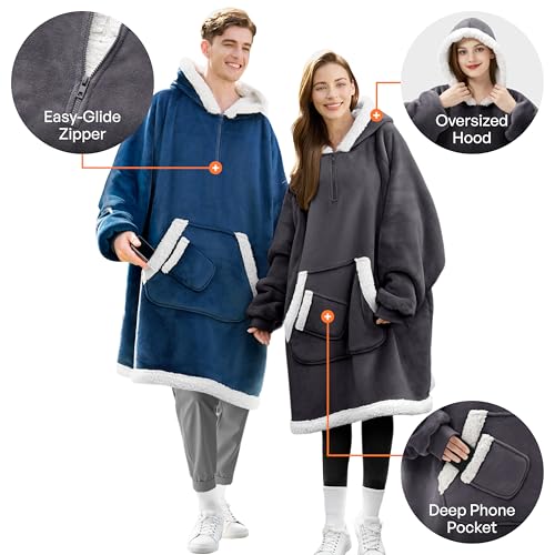 Giggling Getup Wearable Blanket Hoodie for Women Men Gifts for Women Mom Wife Sherpa Fleece Hooded Blanket Sweatshirt Warm Cozy Sherpa Wearable Throw with Pocket & Sleeves for Adult Standard Dark Gray