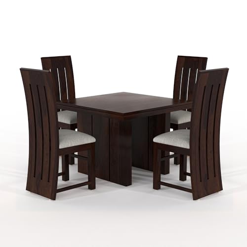 Image of Solid Sheesham Wood 4 Seater Dining Table Set with Cushioned Chairs for Dining Room | Living Room | Home & Office | Hotels Restaurant & Cafe (4 Seater, Walnut H)