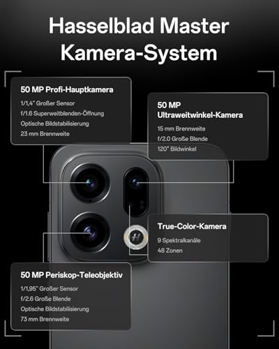 OPPO Find X9 5G 12+512GB, AI-freigeschaltetes Smartphone, 6,59" 120Hz ProXDR Display, 50MP Hasselblad-Kamera, 4K Motion, 7025 mAh Akku, IP69, Space Black