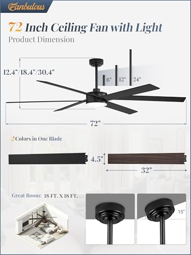 Image of Fanbulous 72 inch Outdoor Ceiling Fans with Lights, Dimmable 3CCT, Black
