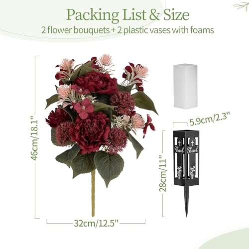 Red Christmas Flowers for Cemetery: 2 Pcs Peony Grave Flower Bouquets for Cemetery Decorations - Outdoor Gravesite Flowers with Vase image 2