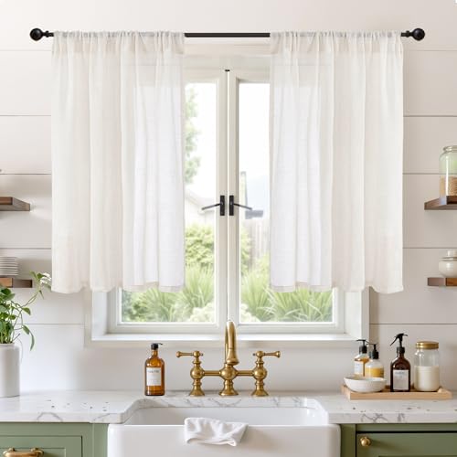 Image of BGment Linen Curtains 42X40 Inch Length for Kitchen Window Semi Sheer | Rod Pocket Drapes Natural Light Filtering for Bedroom Bathroom Lightweight Rustic, 2 Panels Set