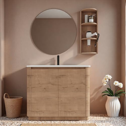 Image of 40 inch Bathroom Vanity with Ceramic Sink, Freestanding Bathroom Vanity with 2-Soft-Close Door, Semicircle Storage Rack & Inside Adjustable Shelves for Home, Farmhouse Floor Mount Vanity, Oak