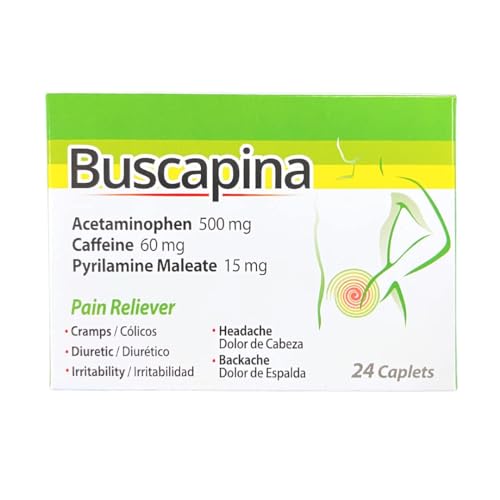 Buscapina Menstrual Cramps Headaches Joint Aches Pain Relief Caplets Acetaminophen 500mg 24 Count Fast-Acting Period Pain & Bloating Relief - Alivio Rpido Clicos