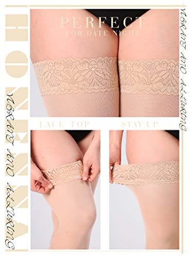 Image of HONENNA Plus Size Thigh High Stockings, Semi Sheer Stay Up Lingerie Lace Top Pantyhose for Curvy Women