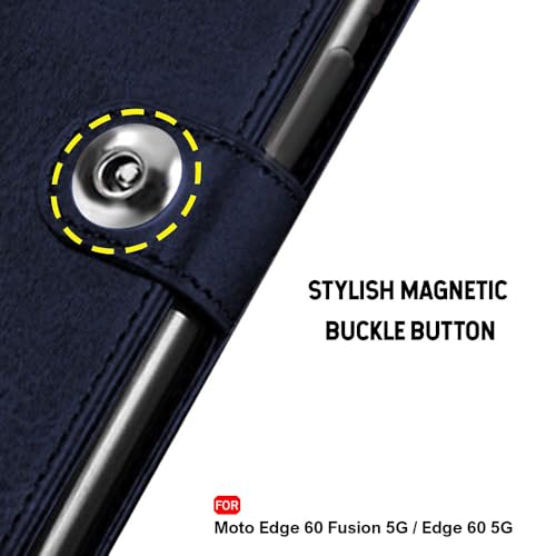 Image of TheGiftKart Flip Cover Back Case for Motorola Moto Edge 60 Fusion 5G / Moto Edge 60 5G | Genuine Leather Finish | Designer Button | Inbuilt Pockets & Stand | Flip Back Cover Case (Faux Leather, Blue)