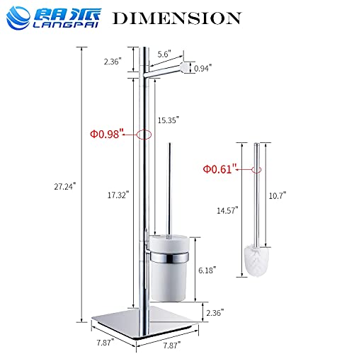 Image of Freestanding Toilet Brush and Paper Holder Set Superior Hotel Luxury Style Join Roll Paper and Toilet Brush Non-Skid Sturdy Floor Stand Brass Chrome with White Ceramic Cup