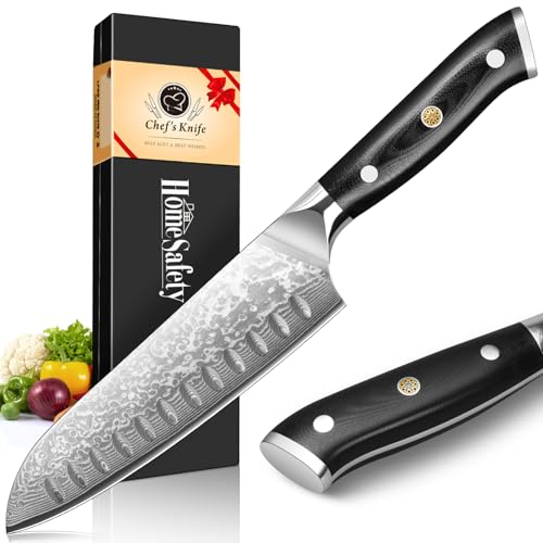 Home Safety Cuchillo Santoku Damasco, Japones profesional de Acero Damasco de 67 Capas, de 20cm, Mango de Material G10