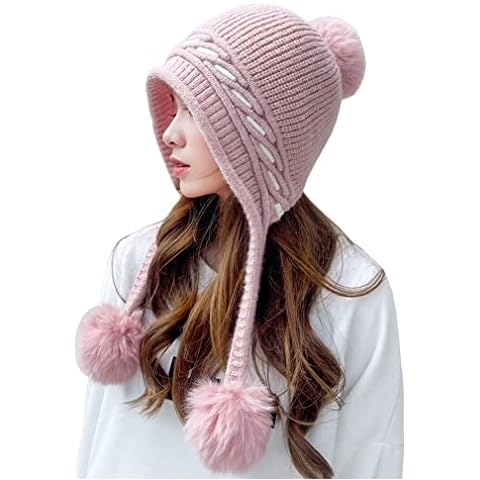 PengFaXin Womens Winter Warm Beanie Knitted Ear Flaps Cozy Cap Pompom Hat (Pink) Cover