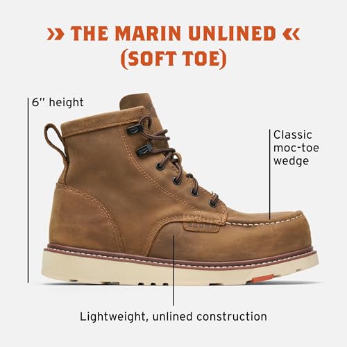 BRUNT Marin Unlined (Soft Toe) - Brown - 6" Water-Resistant Leather Wedge Work Boot - EH Rated - Slip + Oil Resistant - Heat-Resistant Sole - Adjustable Width System2