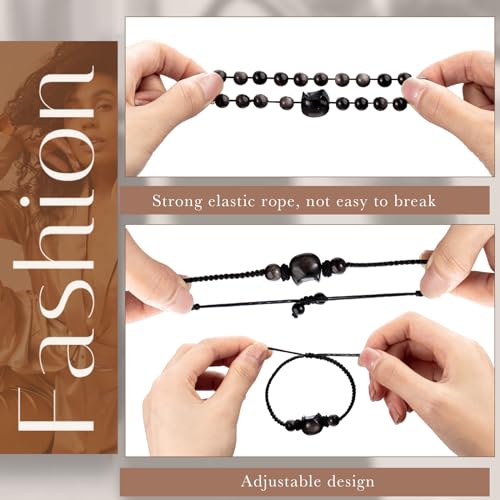 2 Pcs Cat Black Obsidian Bracelet Set Money Wealth Mood Beaded Bracelet Rope Bracelets for Men Women Stretch Bracelet Good Luck Feng Shui Bracelets Gifts Jewelry for Boyfriend Husband Father4
